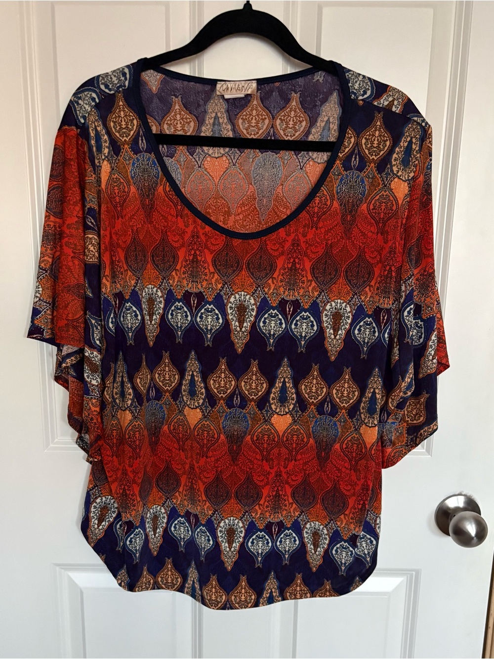 Lavish Navy and Orange Paisley-Print Flutter-Sleeve Top
